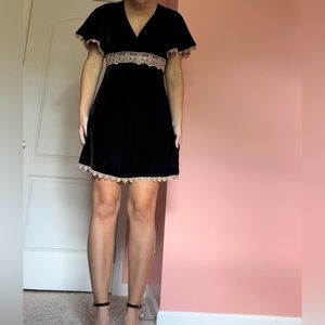 Vintage Black Betsey Johnson New York Silk Blend Babydoll Dress/Lace/Ribbon Tie